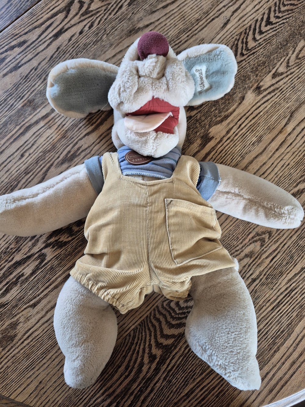 Wrinkles Plush Dog Puppet Stuffed Animal in Beige Corduroy Overalls